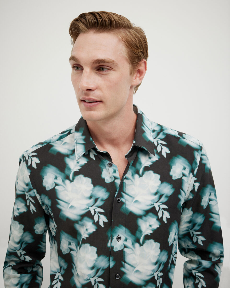 Distorted Floral Printed Long Sleeve Shirt, Green Blurred Floral, hi-res
